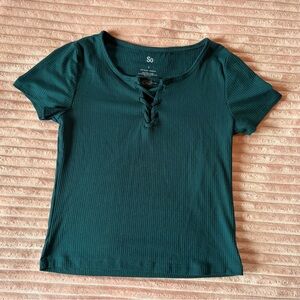 SO Teal Lace-Up Ribbed Short Sleeve Top